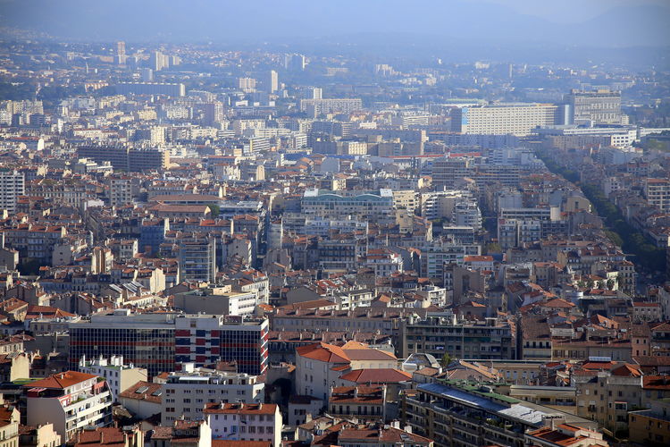 High angle view of townscape against sky