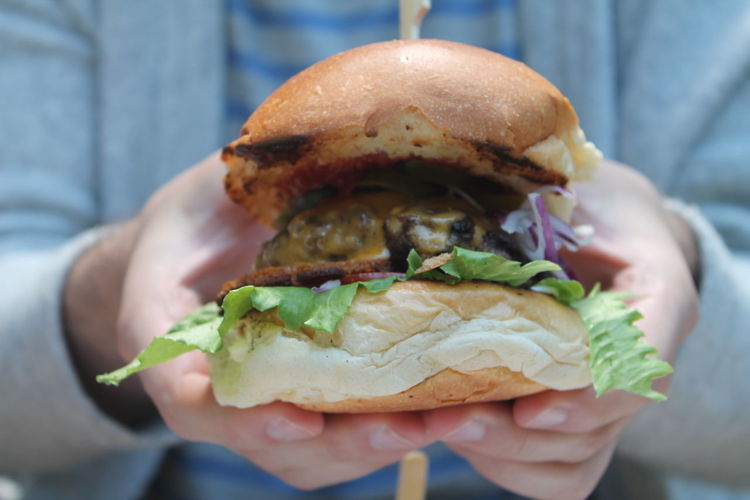 Close-up of man holding burger