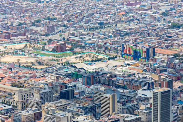 High angle view of city buildings