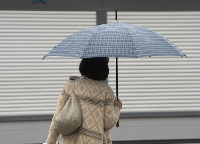 Rear view of woman with umbrella standing in rain