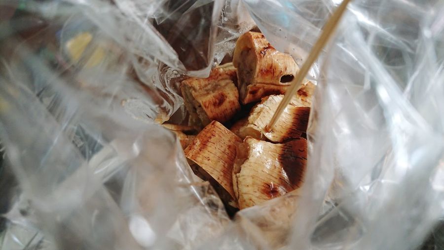 High angle view of cooked meat in plastic bag