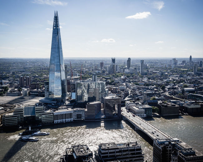 High angle view of skyline of london with river thames