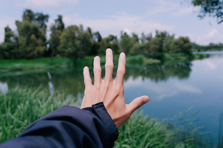 Cropped hand reaching lake against trees