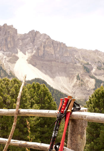 Hiking sticks infront of mountains against sky