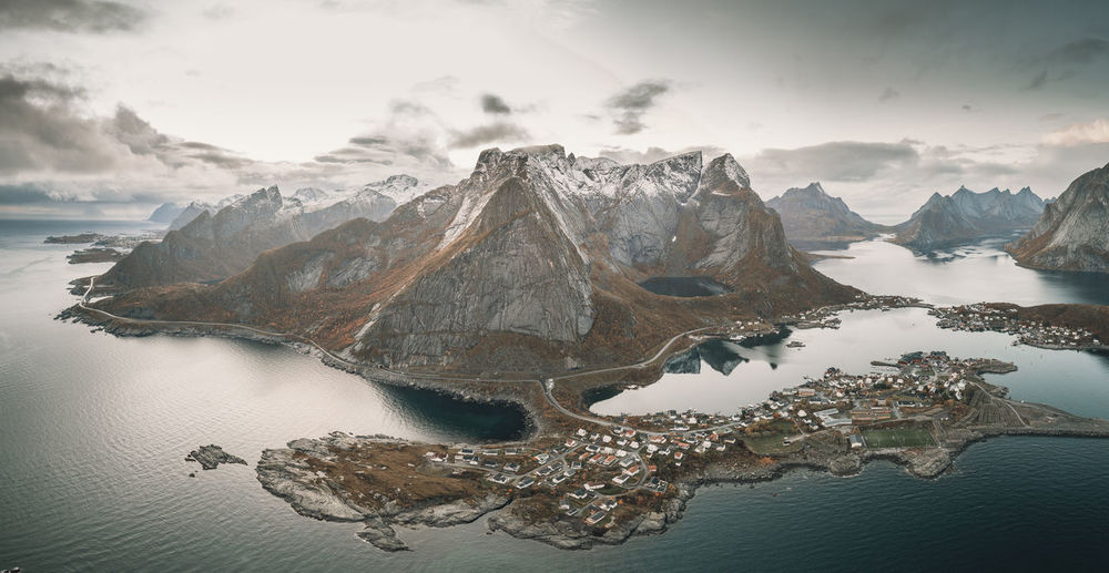 Panoramic view of the mountains and islands around lofoten