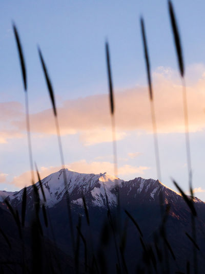 Close-up of snowcapped mountains against sky during sunset