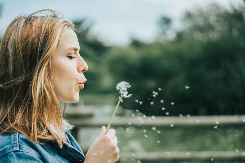 Side view of young woman blowing dandelion
