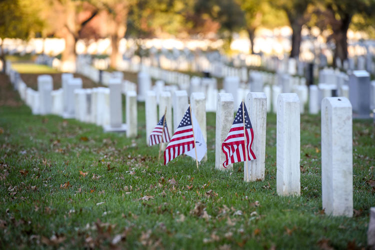 Row of flags against the sky at cemetery