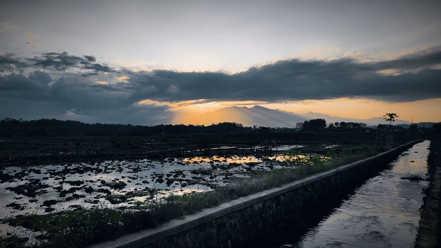 Panoramic view of land against sky during sunset