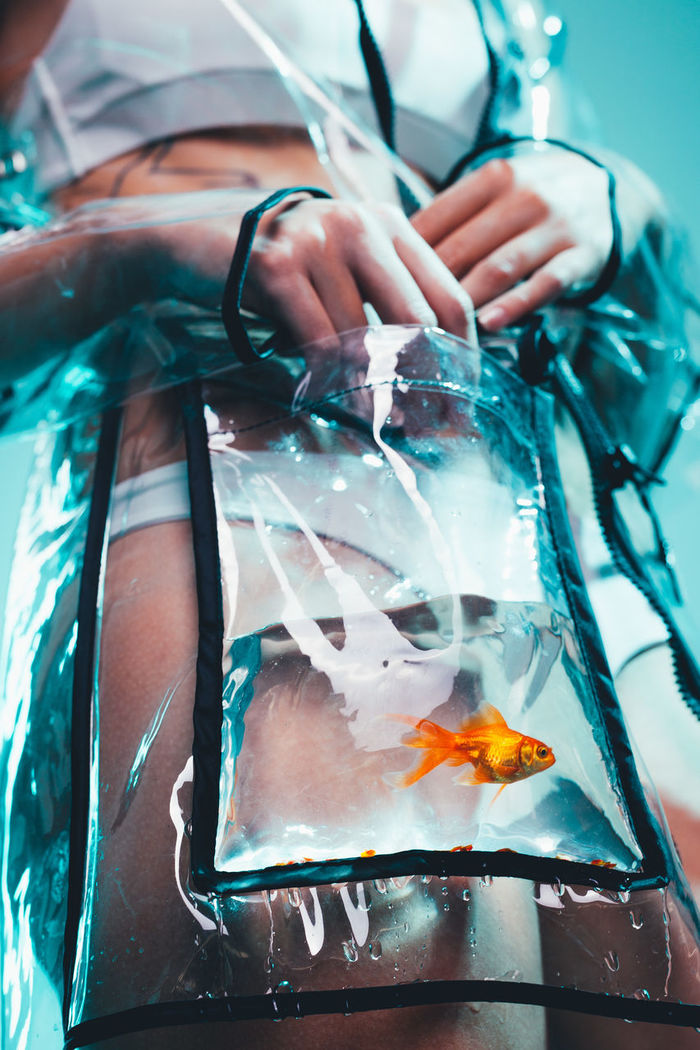 Midsection of woman with fish in transparent raincoat