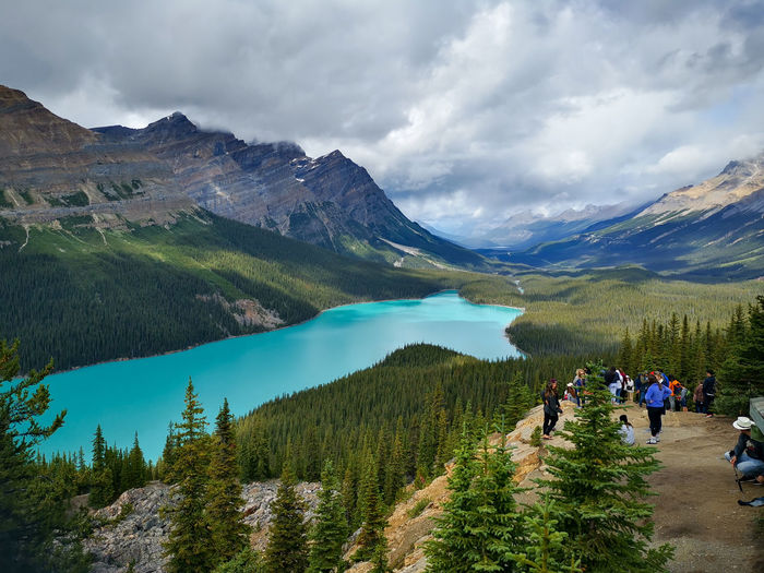 Scenic view of mountains and lake peyto against sky