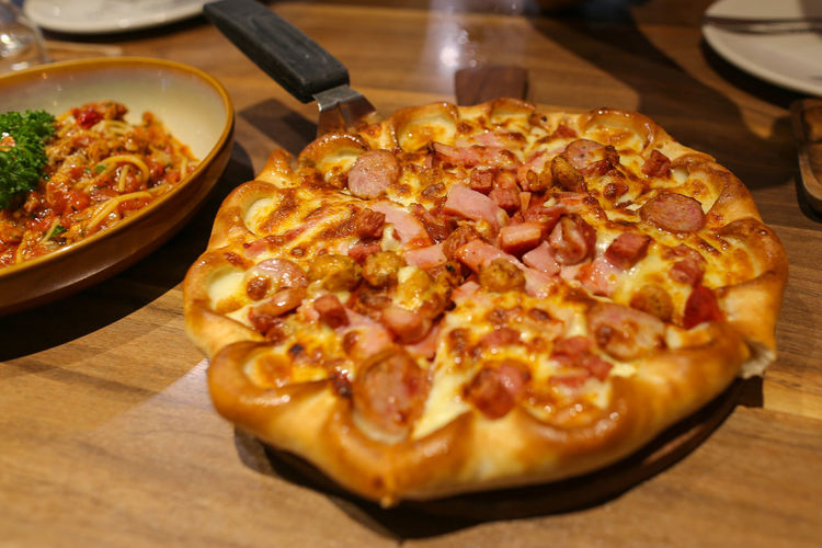 High angle view of pizza on table