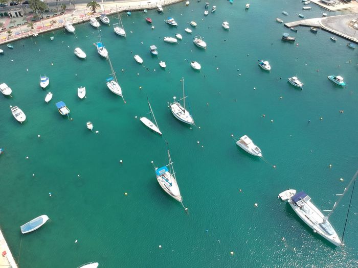 High angle view of sailboats moored on sea