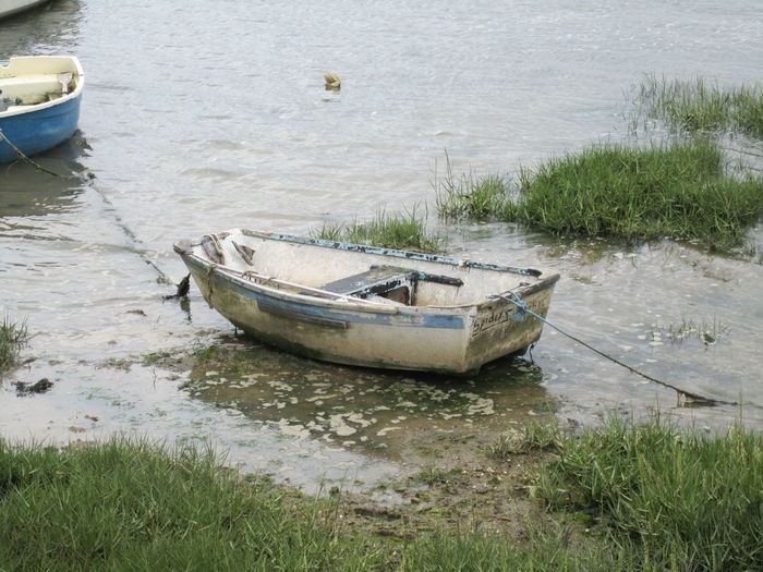High angle view of boat moored on shore
