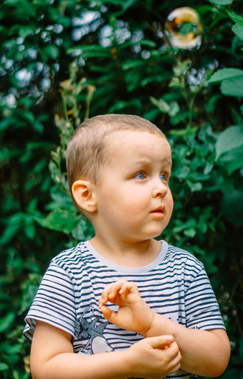 Portrait of cute boy standing against plants