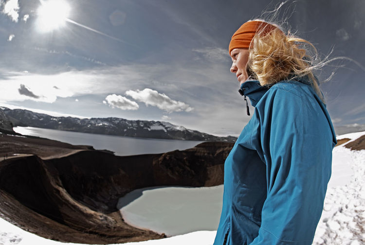 Woman admiring view at the askja caldera in central iceland
