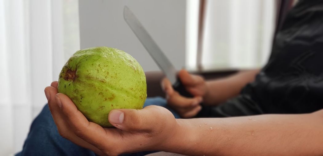 Midsection of woman holding guava and kitchen knife while sitting at home