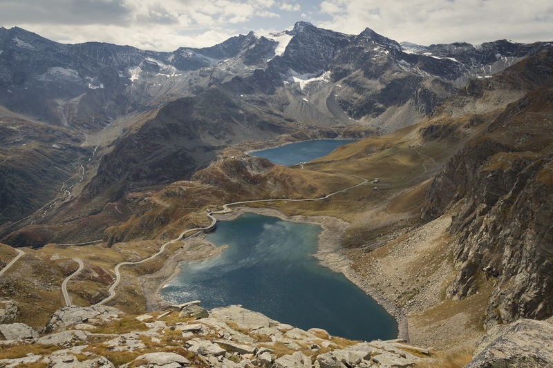 Aerial view of lake and mountains