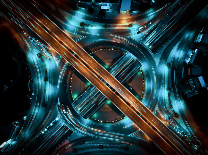 High angle view of illuminated highway