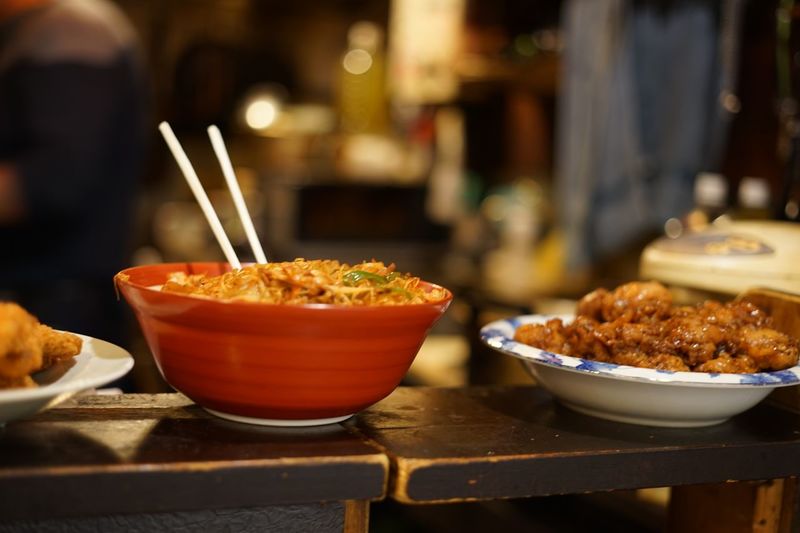 Clouse-up of noodles and chicken stir fry