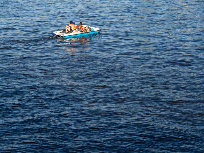 High angle view of pedal boat on river spree, berlin