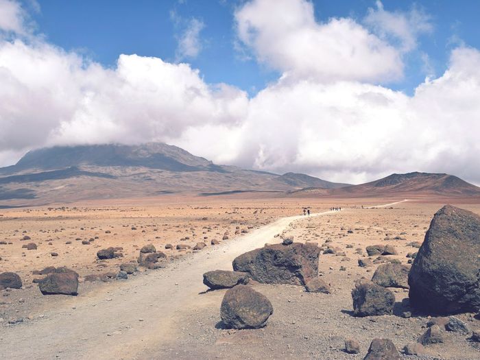 Scenic view of arid landscape against sky, mount kilimanjaro 