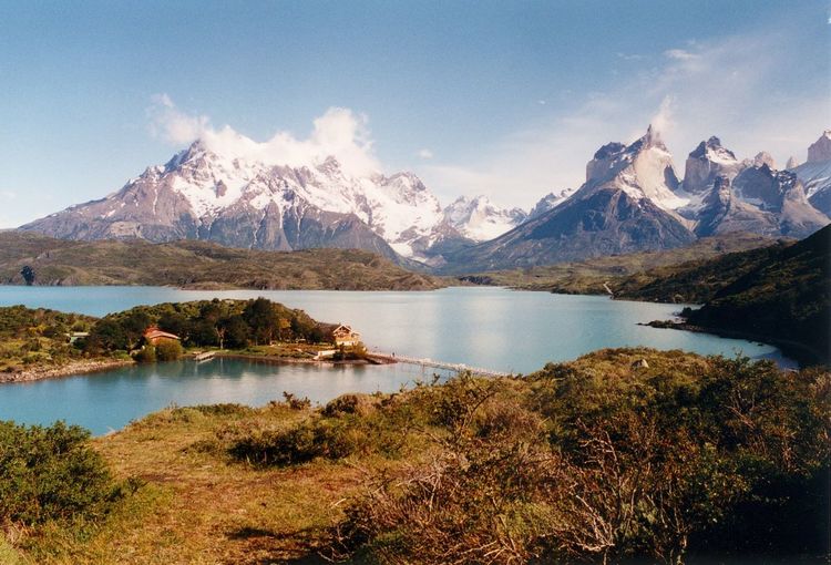 Scenic view of river by mountains at torres del paine national park
