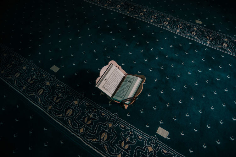 High angle view of book on table