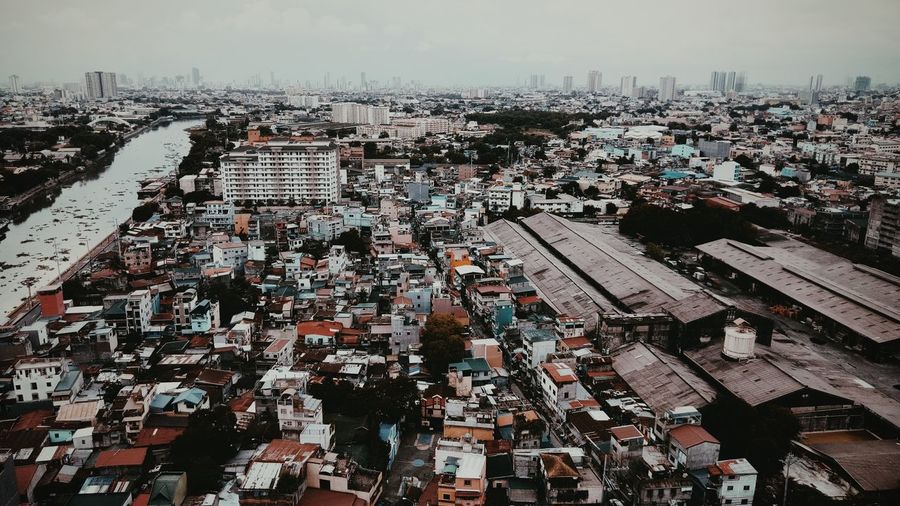 High angle view of townscape against sky.