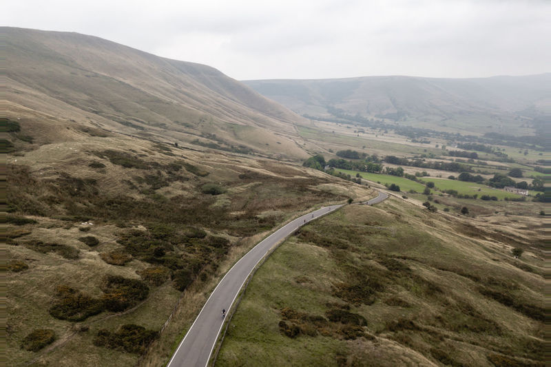 Drone shot of a road in the peak district