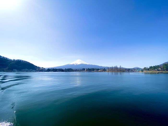 Scenic view of lake against clear blue sky.mount fuji 
