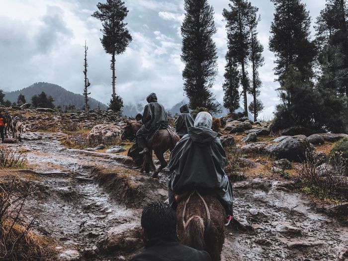 Rear view of people riding horses through hills