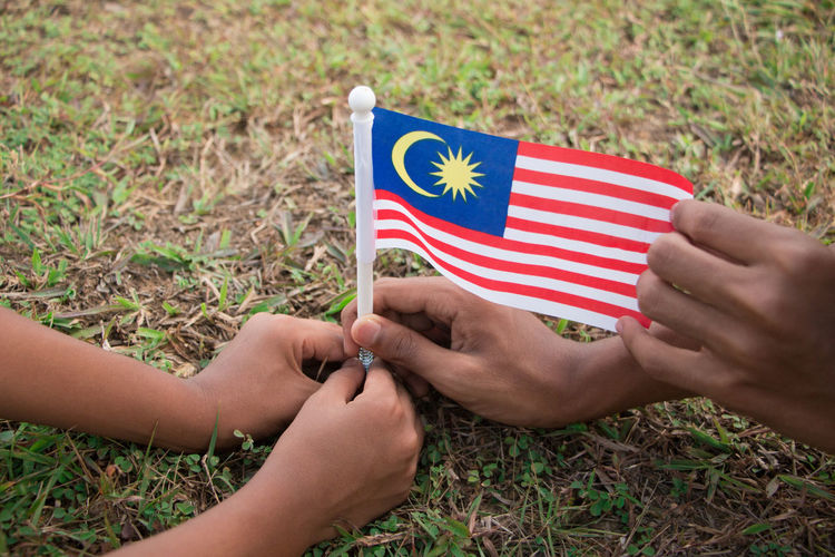 Cropped hands of friends holding malaysian flag on grassy field