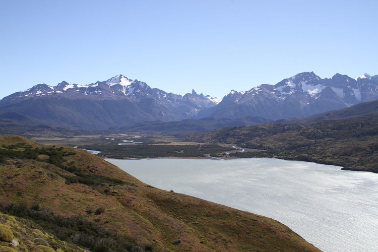 Scenic view of lake and rocky mountains against sky