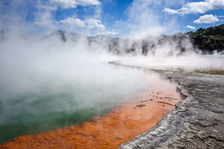 Scenic view of smoke at hot spring