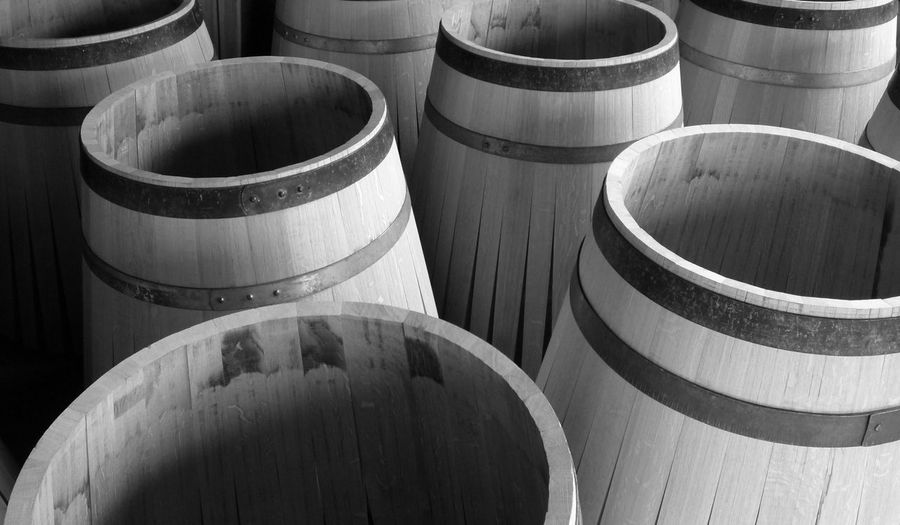 High angle view of empty barrels