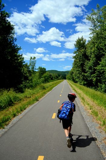 Rear view of boy with backpack walking on country road during sunny day