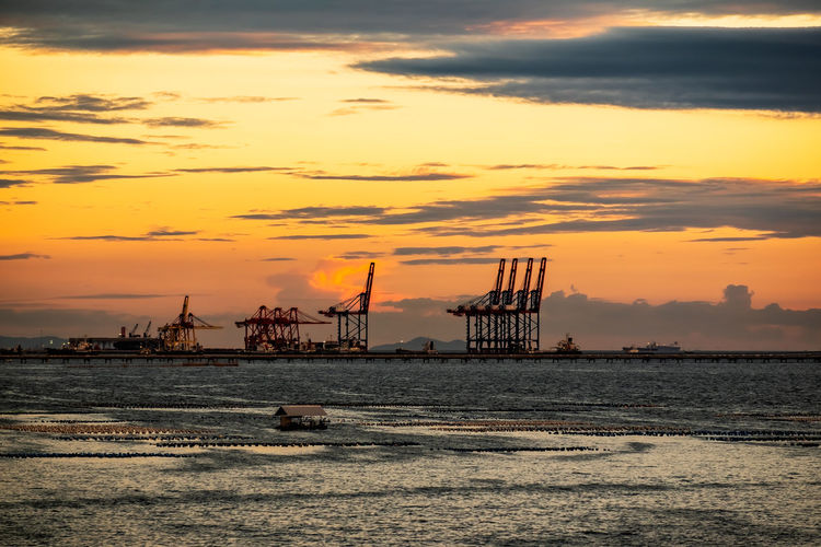 Silhouette cranes on sea against sky during sunset