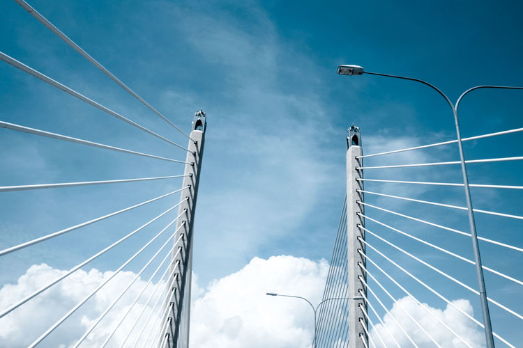 Low angle view of cable bridge against sky