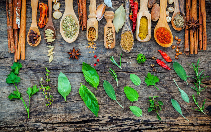Directly above shot of spices and herbs on wooden table