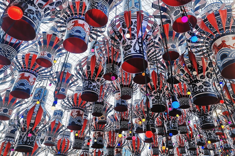 Low angle view of lanterns hanging in market