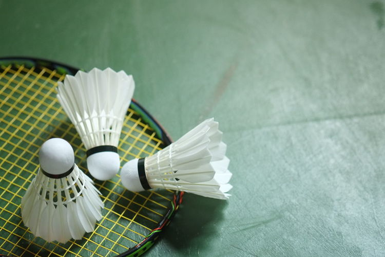 High angle view of shuttlecock and racket