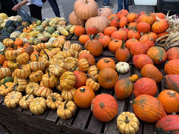 Stack of pumpkins in market