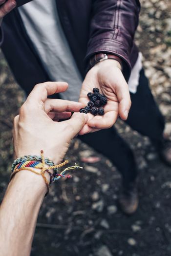 Cropped image of person picking fruit from hand