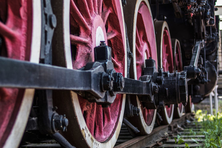 Close-up of train in railroad track