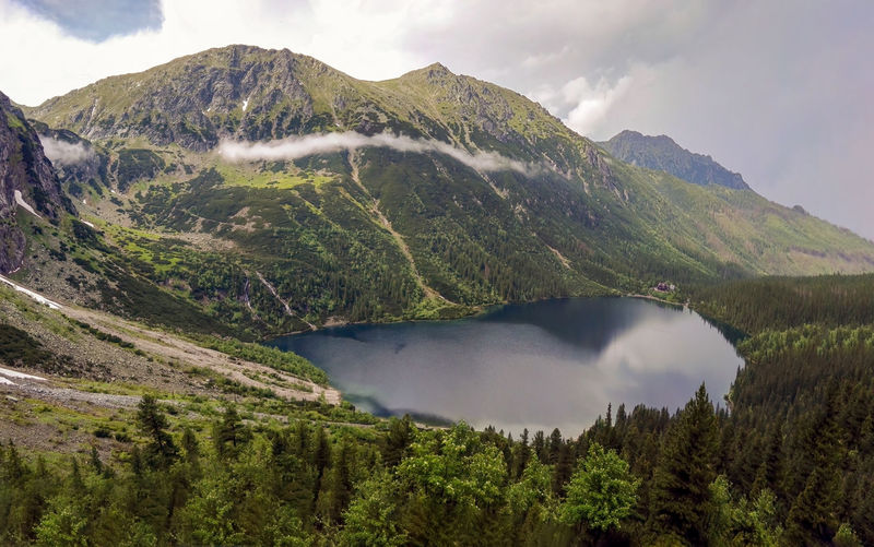 Wide angle top view of morskie oko naturally formed lake pond in tatra mountains in poland. 