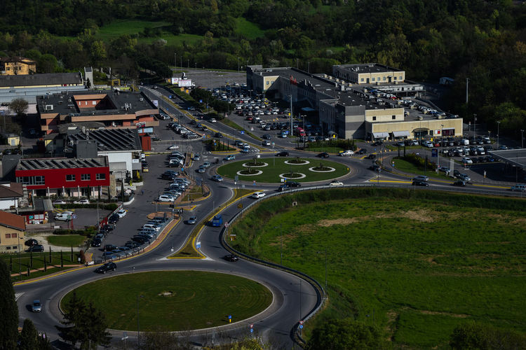 Aerial view of roundabouts in city