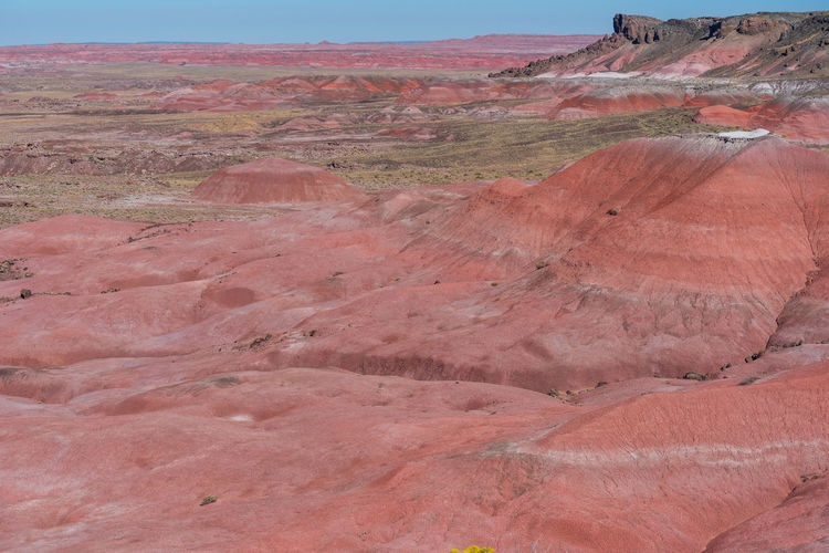 High angle landscape of barren pink hills at petrified forest national park in arizona