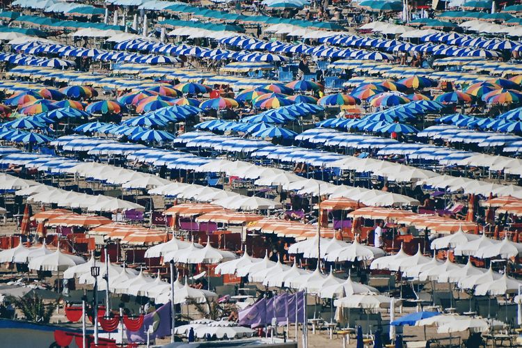 Full frame shot of multi colored beach umbrellas 
