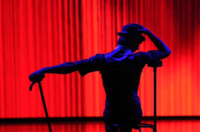 Full length rear view of man standing on red stage